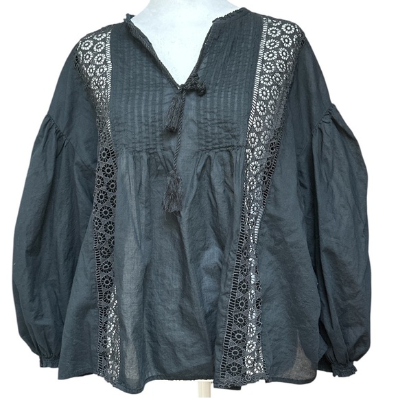 Levis Women’s Peasant Top Black Sheer Boho 3/4 Balloon Sleeve Tassel Tie Lace L - Picture 1 of 13